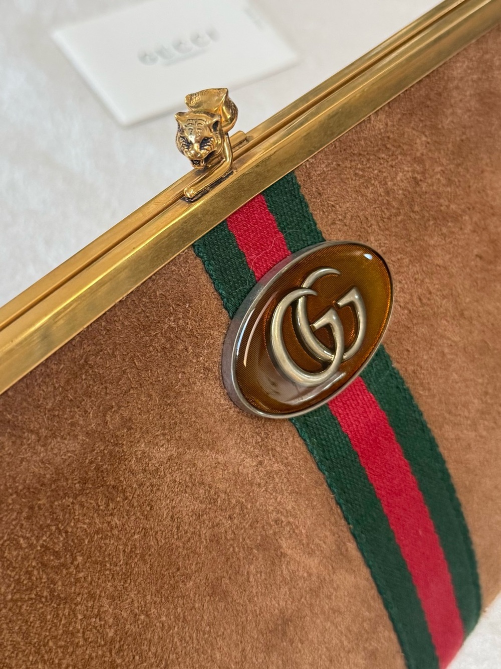 •••SOLD•••Auth Gucci Ophidia Kisslock Frame Clutch Suede Medium In Brown - Picture 9 of 17
